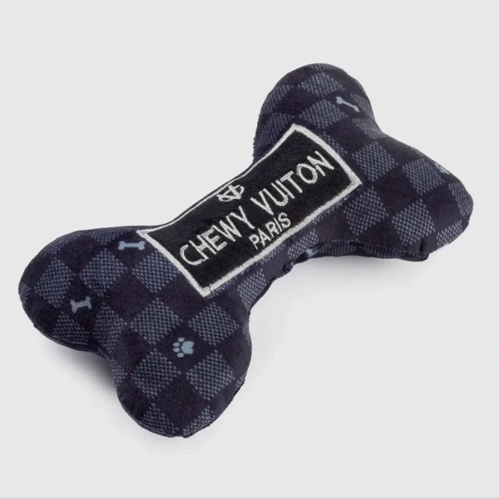 Small BLACK CHECKER CHEWY VUITON BONE SQUEAKER DOG TOY NWT